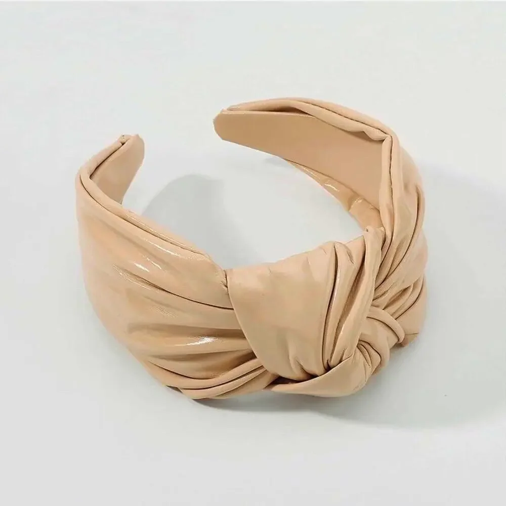 New Tan Faux Leather Women Hairband Wide Bow Knot Headband Hair Hoop Neutral